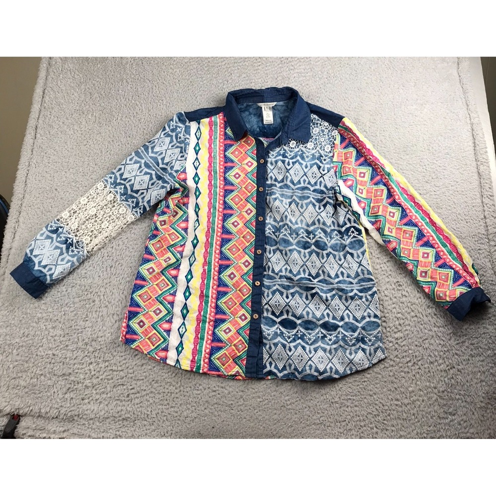 John Mark Embroidered Lace Patchwork Blouse Womens XL Multi Rayon Button Shirt - Picture 2 of 8